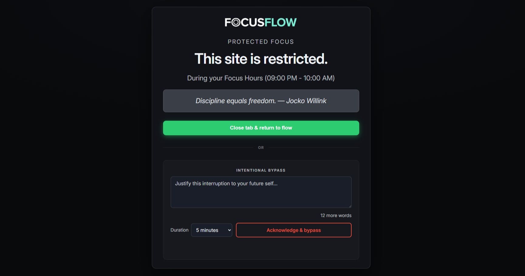 FocusFlow block screen illustrating intentional friction